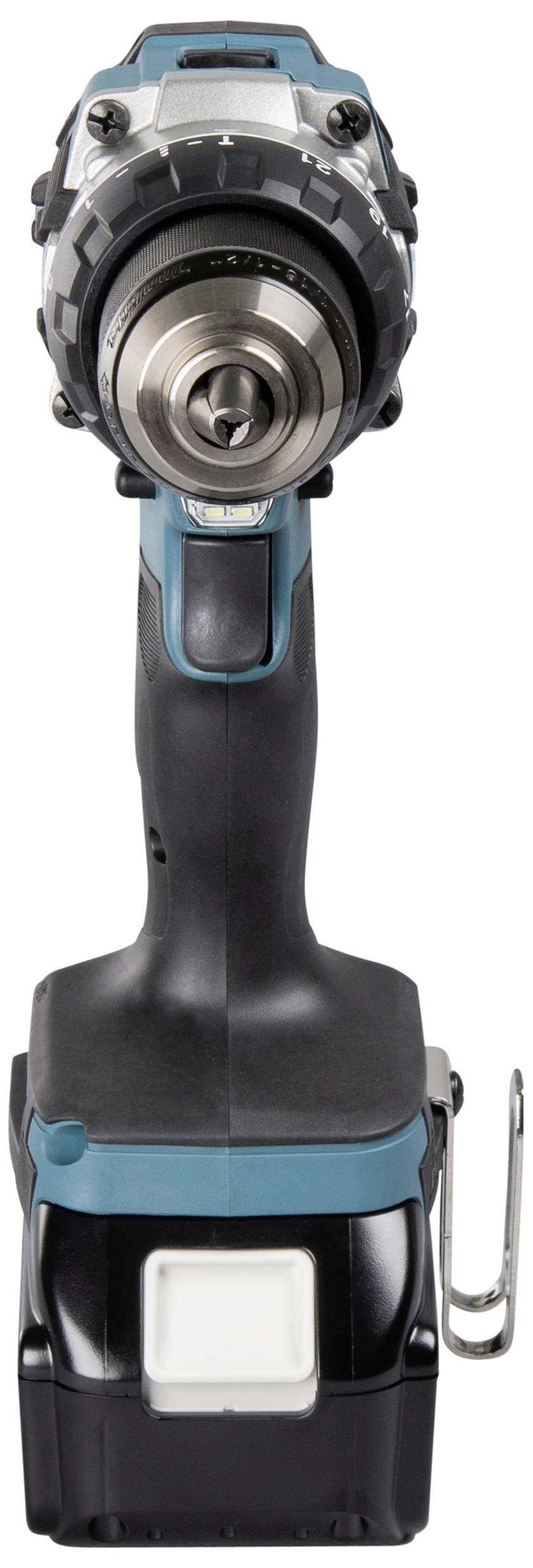 A cordless battery-powered drill driver with a green and black casing, viewed from the front, shows the drill head and battery pack at the bottom.