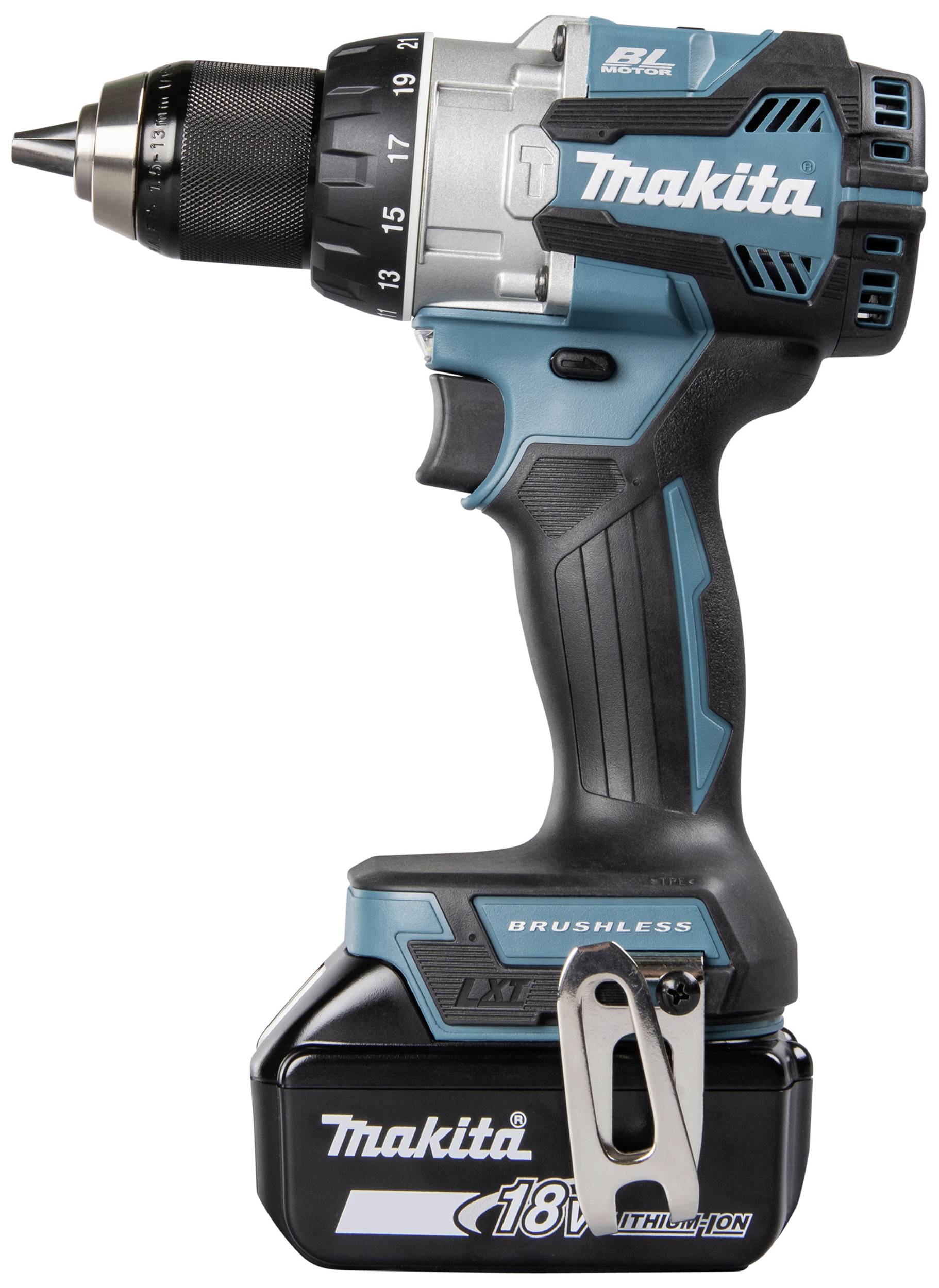 Cordless drill driver with blue-black housing, 18V battery.