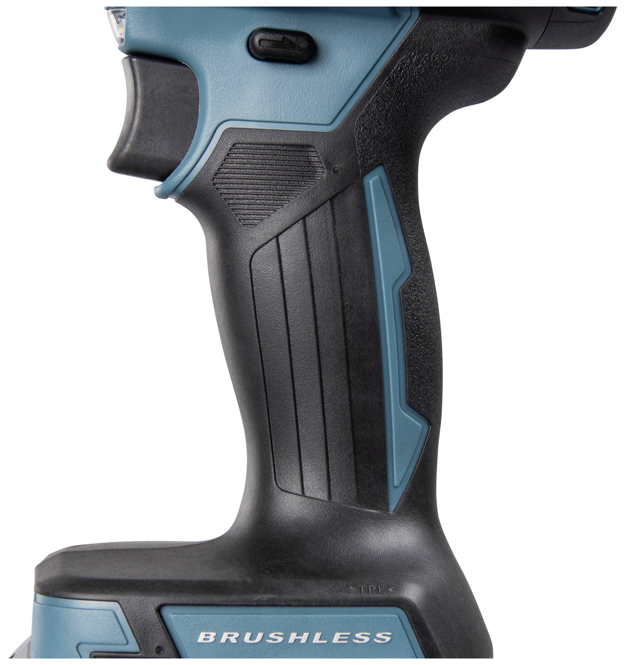 Drill with ergonomic handle and brushless motor, close-up of the hand grip.