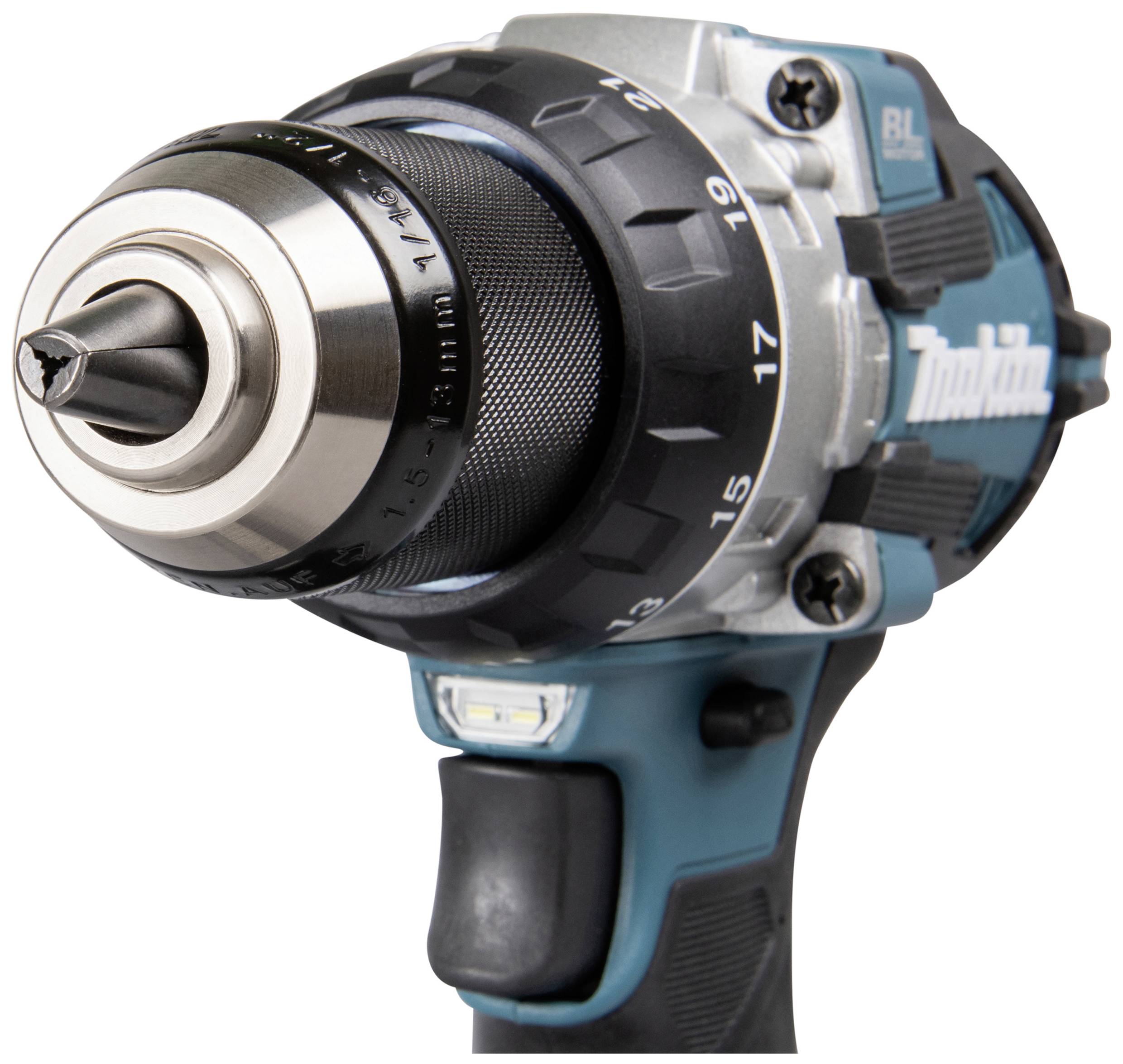 Cordless drill in close-up. The chuck and parts of the handle are visible. The device is blue and black.