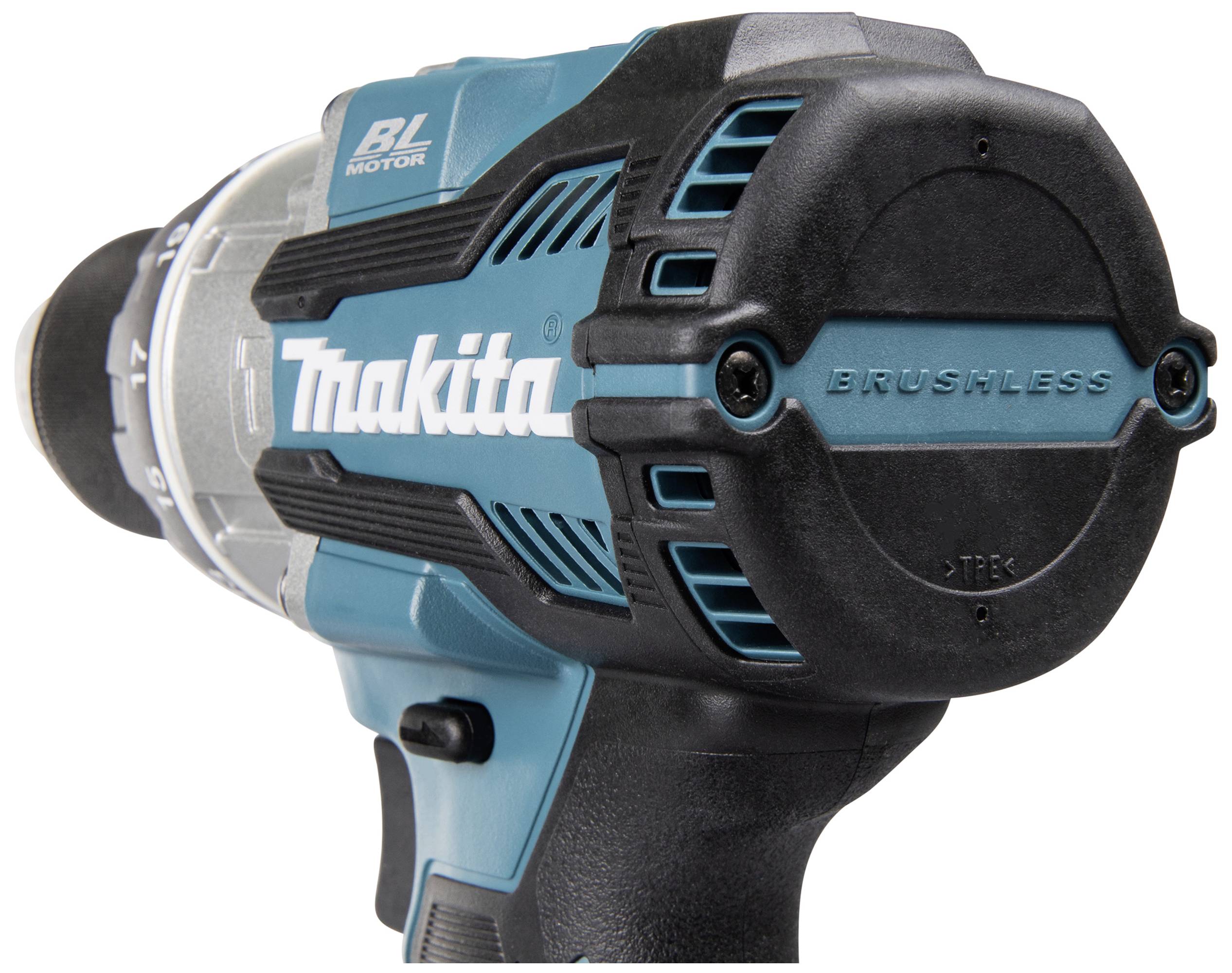 A cordless, blue battery-powered drill with 'Brushless' and 'Makita' printed on it, suitable for DIY and professional work.