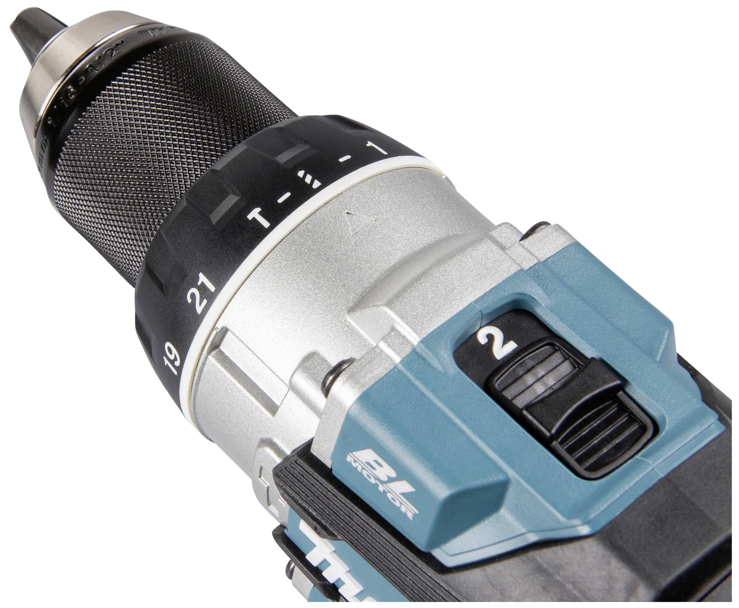 Close-up of a blue cordless drill. The device displays the adjustable speed setting and the chuck key.
