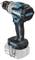 A cordless, blue-black battery-powered drill driver with an ergonomic design and a prominent belt clip on the right-hand side.