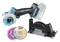 Cordless angle grinder with two replacement discs and protective guard. Tool in blue and black with various grinding discs.