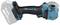 A navy-blue cordless sander with an 18V battery mount, side view, without battery or sanding pad inserted.