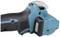 Close-up of a blue angle grinder with a black handle, showing the switch and part of the grinding disc.