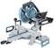 A mitre saw on a white background. It has a blue and grey body with a circular saw blade and handle.