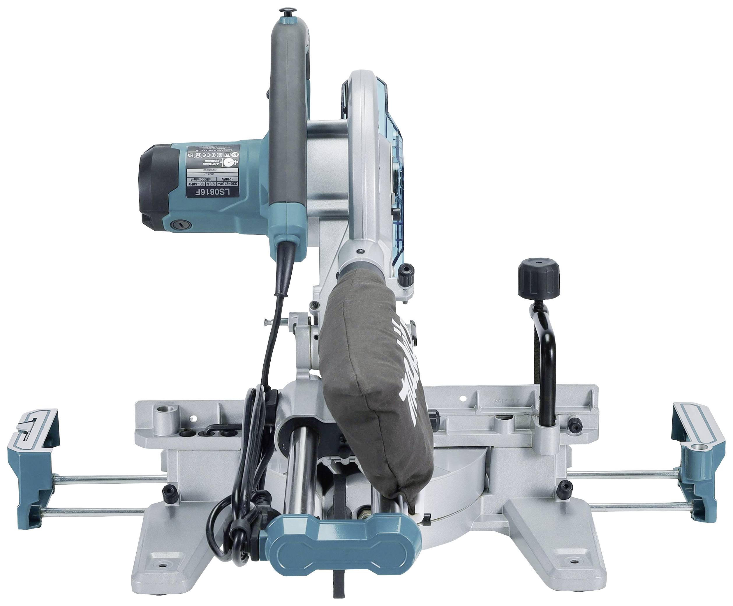 Mitre saw in the foreground, pictured frontally. It shows the saw blade and the motorised unit mounted on a stable base.