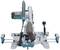 Mitre saw in the foreground, pictured frontally. It shows the saw blade and the motorised unit mounted on a stable base.