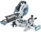 Makita electric mitre saw, suitable for precise wood cutting. Silver casing with blue guard and handle.