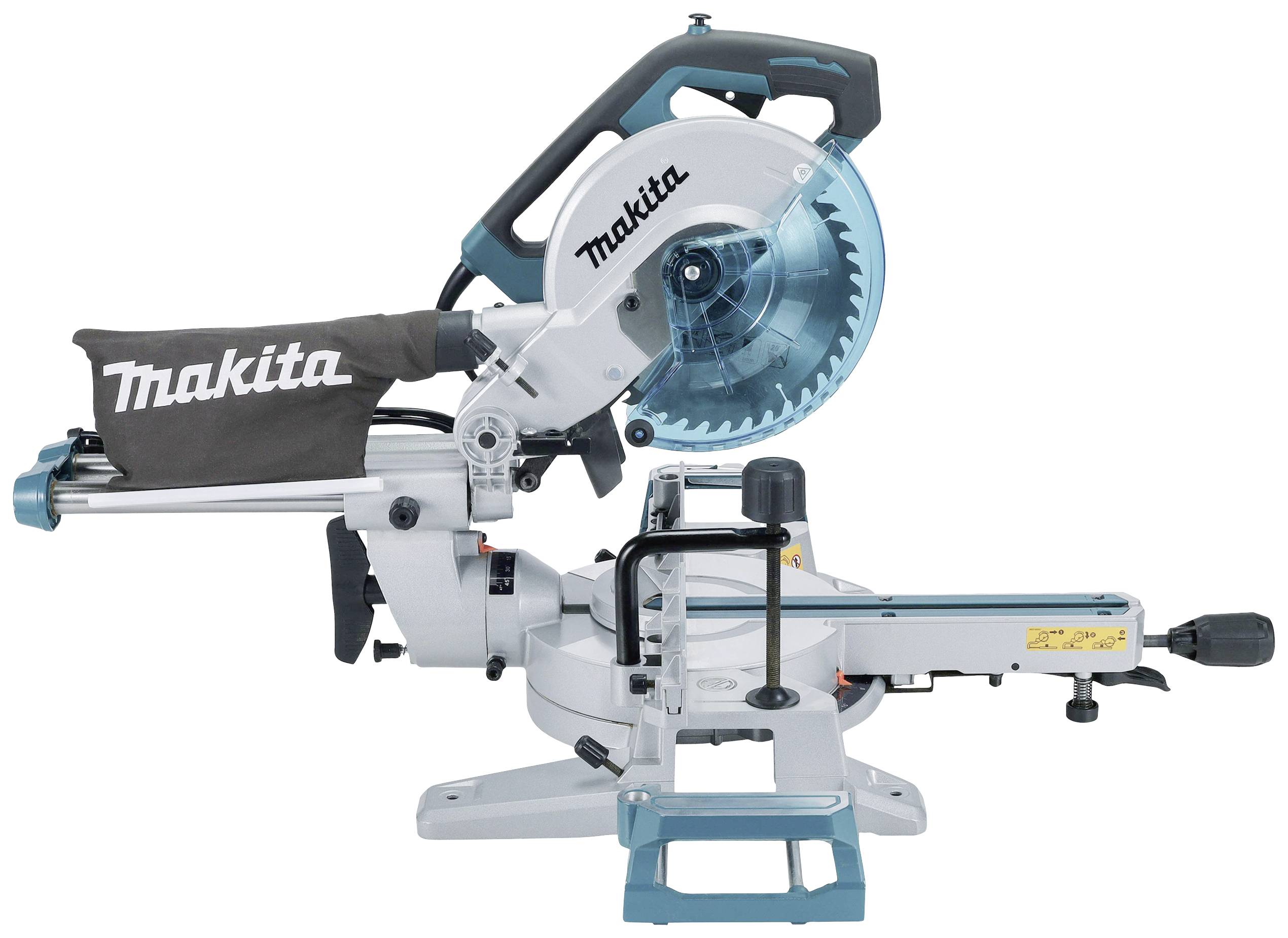A blue and white mitre saw with dust collection bag. It is mounted on a sliding carriage to perform precise cuts.