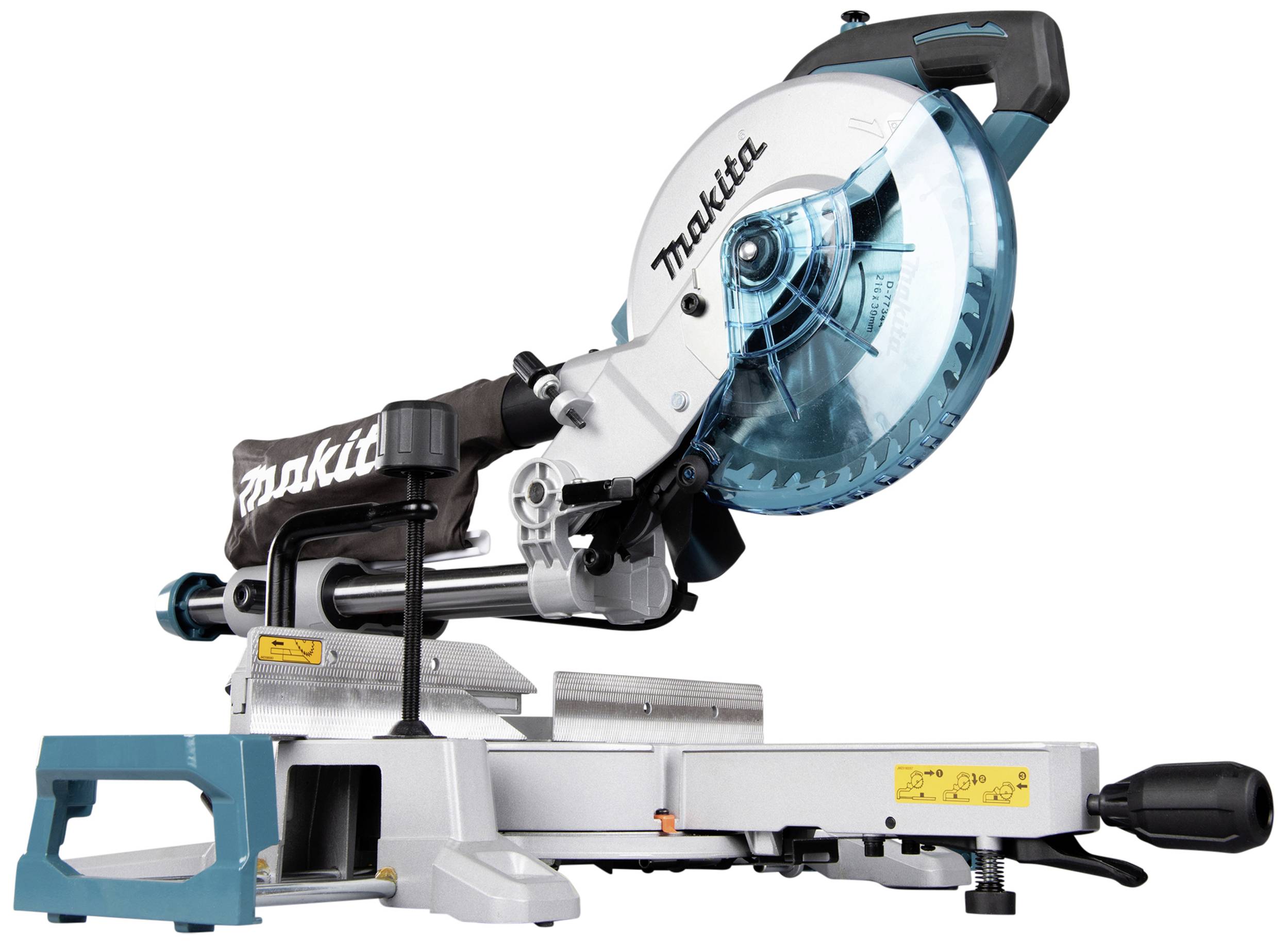 Mitre saw in side view on a white background. The saw has a blue accent and a transparent protective cover.