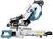 Mitre saw in side view on a white background. The saw has a blue accent and a transparent protective cover.