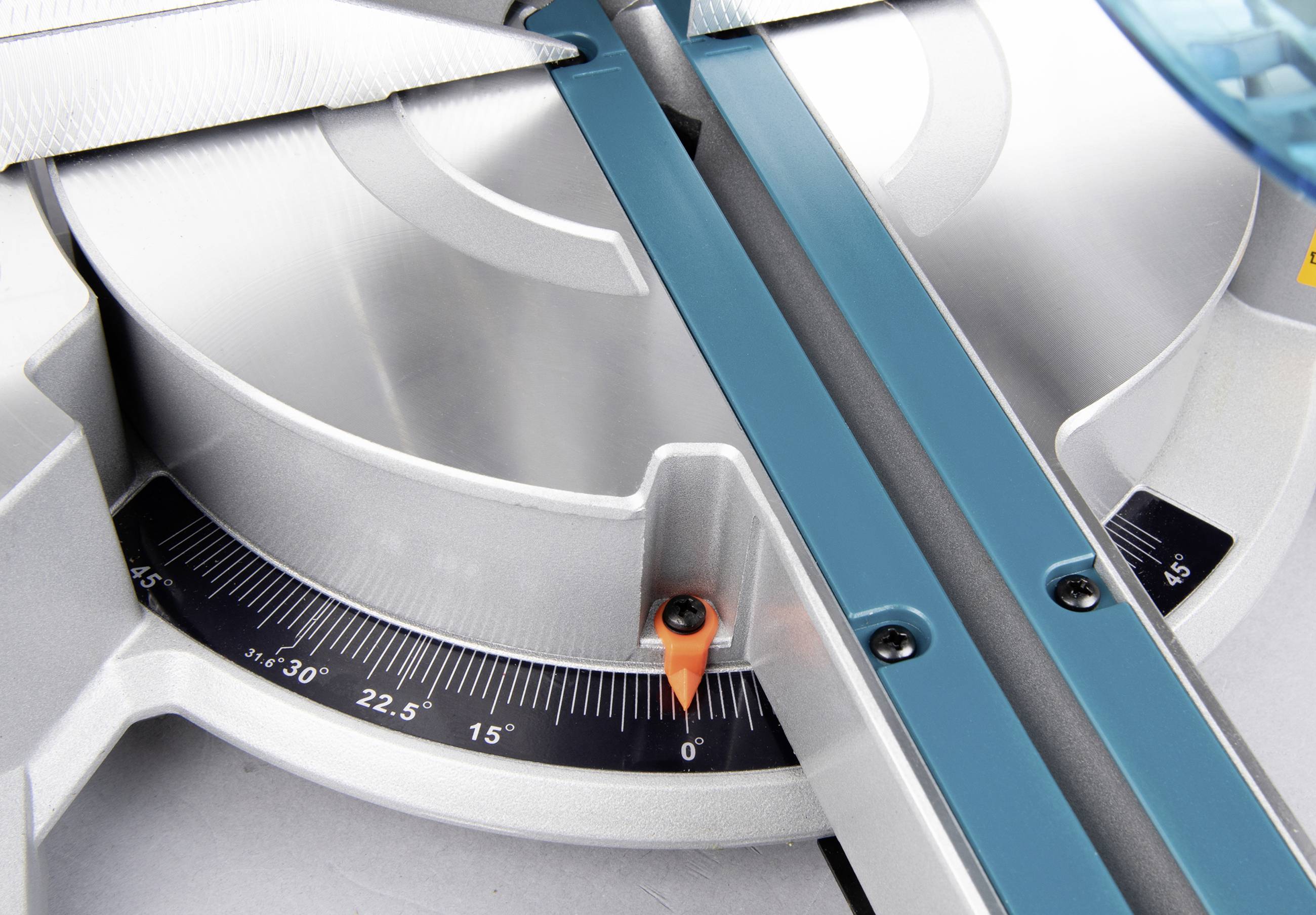 Close-up of a mitre saw with an adjustable cutting angle, set at 0 degrees.