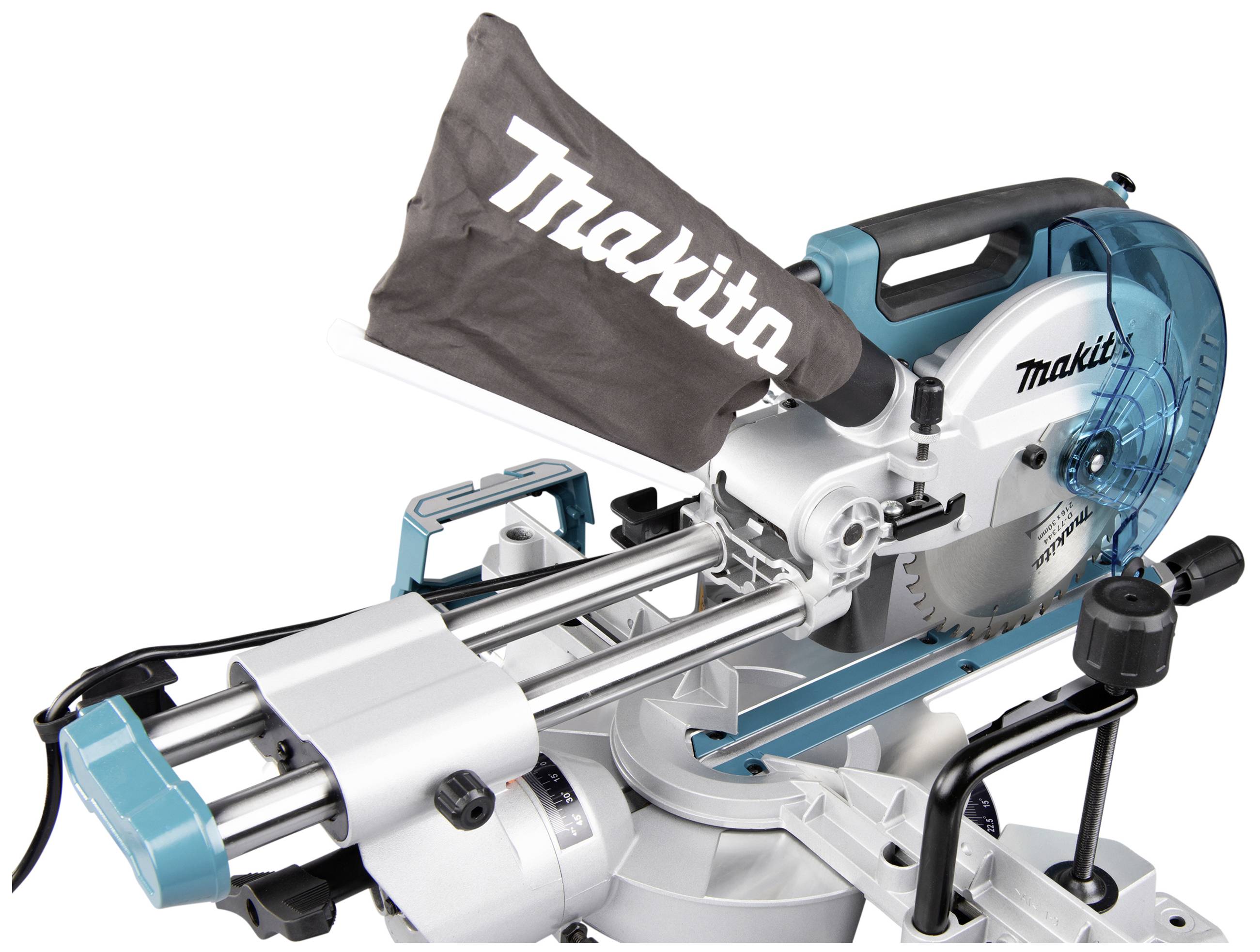 Circular saw on a white background, with dust bag and Makita logo, depicted. Primarily used for woodworking.