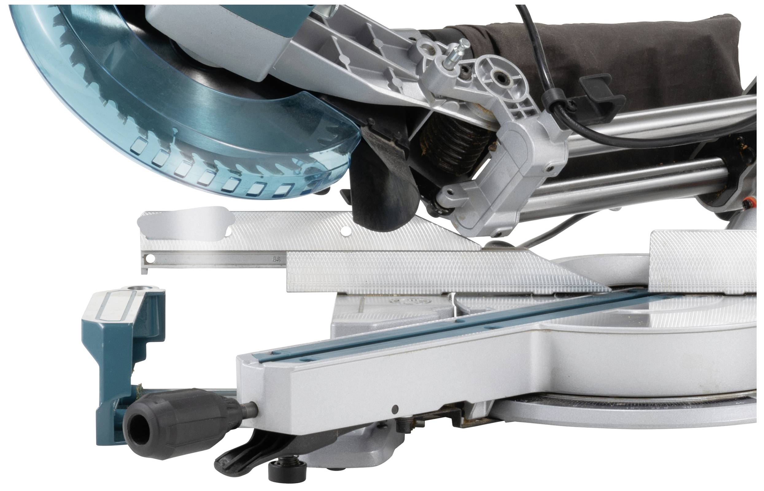 Electric mitre saw with blue saw blade and guide rail, suitable for precise woodworking.