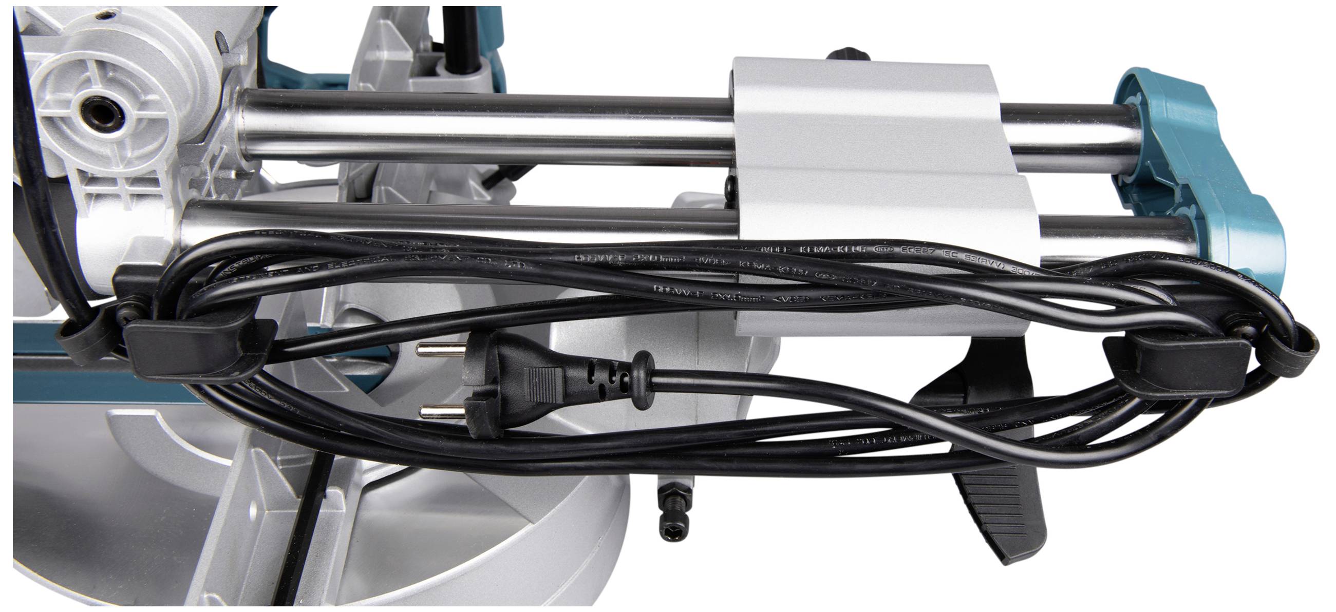 An electrical cable is neatly wound around a silver metal pipe and secured with two black cable ties.