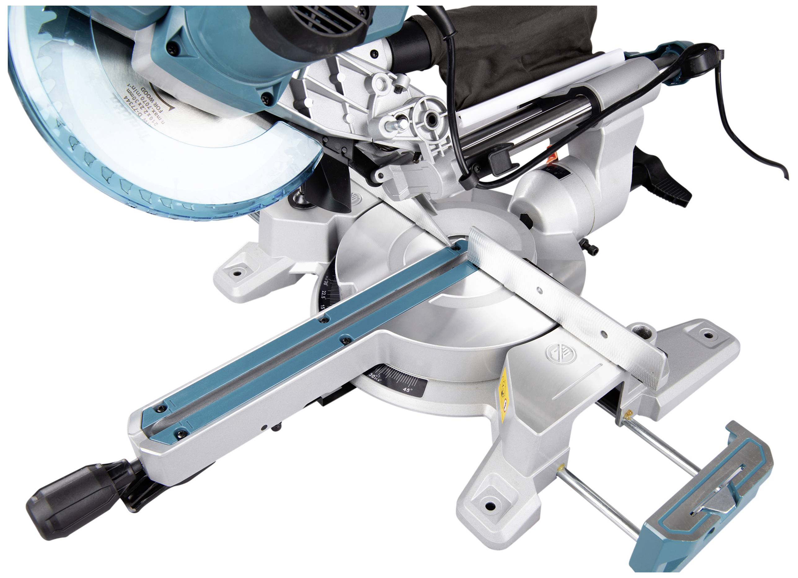 Electric mitre saw with blue-grey colouration. Suitable for precise angled cuts in wood. Main components: saw blade, guides, handle.