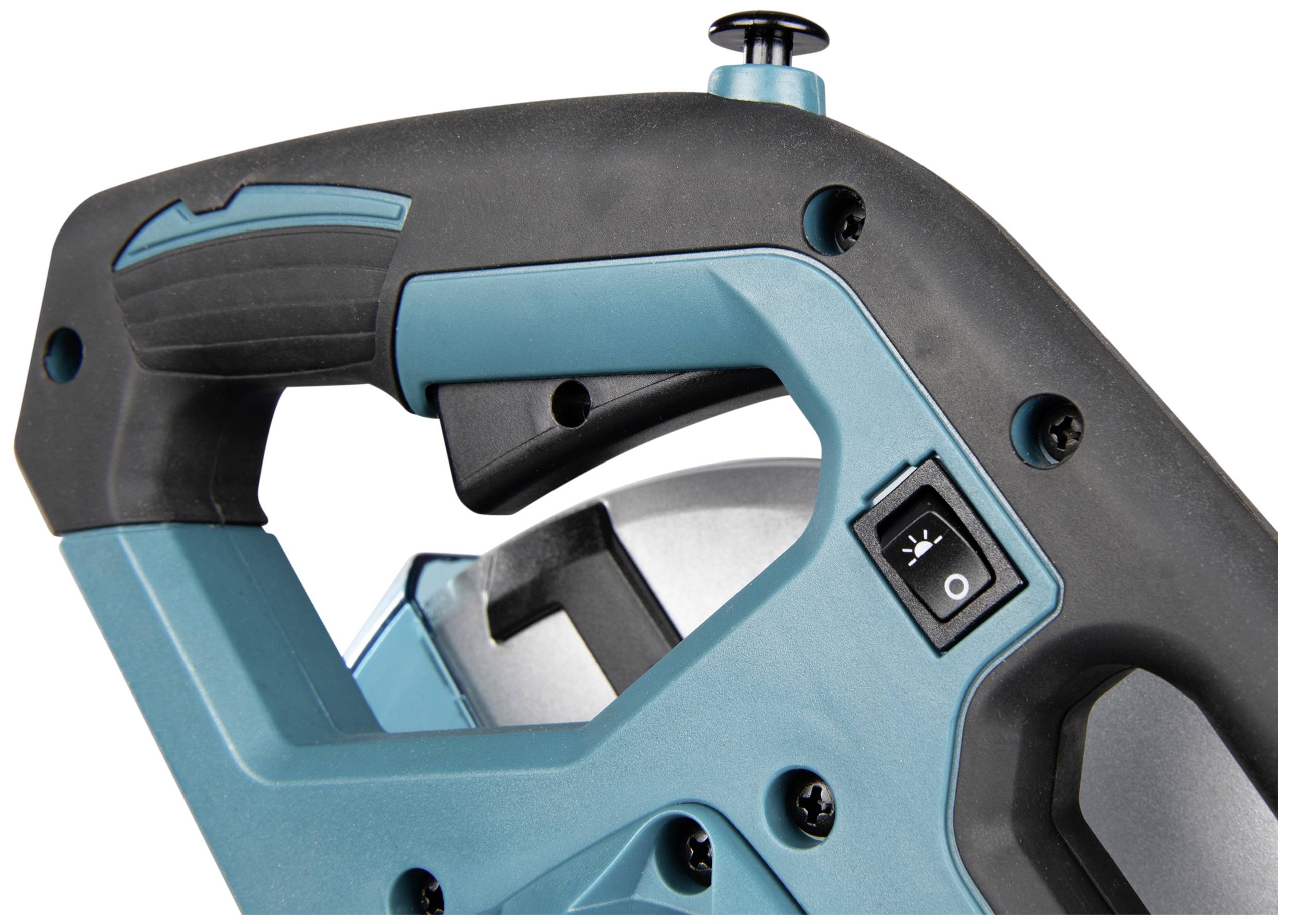 A blue handle of an electrical power tool, with a black on/off switch on the side.