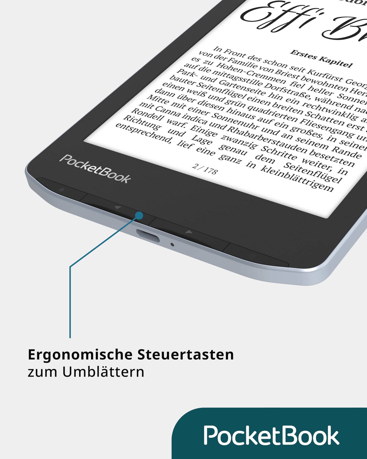 An e-book reader displays an open book on the screen. Ergonomic control buttons for page turning are located along the edge.