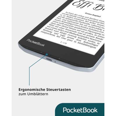 An e-book reader displays an open book on the screen. Ergonomic control buttons for page turning are located along the edge.