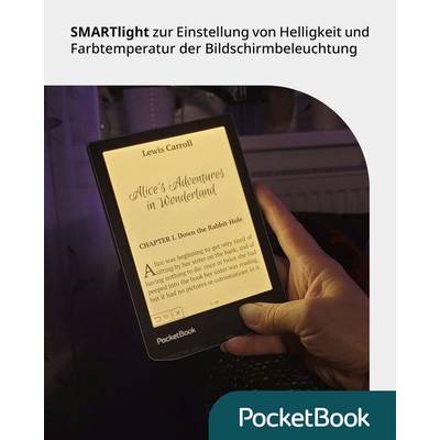 A e-reader displays 'Alice's Adventures in Wonderland'. The text describes the SMARTlight function for screen adjustment.