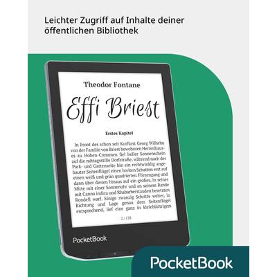 E-reader displaying the book 'Effi Briest' by Theodor Fontane on the screen. In the background, it reads 'Easy access to contents from your public library'.
