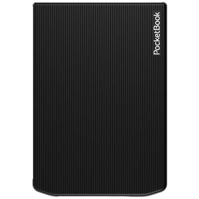 Black e-reader with vertical grooves, with the word 'PocketBook' in white text in the top right corner.