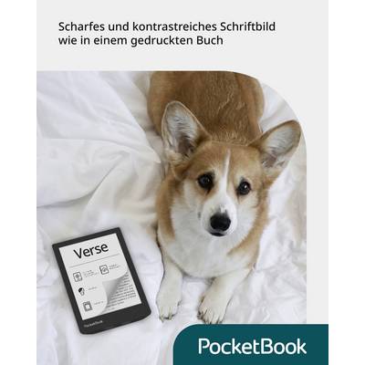 A dog is lying on a blanket next to an e-reader. Text on the e-reader: 'Verse'. Text at the top: 'Sharp and high-contrast typography just like in a printed book'.