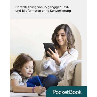 'Mother and daughter are sitting on the sofa. The mother is holding a PocketBook e-reader. Text: Supports 25 common formats.'<br><br>Note: I've made minor adjustments to sound more natural in British English while preserving the original meaning.