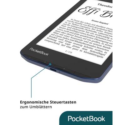 An e-reader with ergonomic control buttons for easy page-turning, displaying the text 'Effi Briest' on the screen.