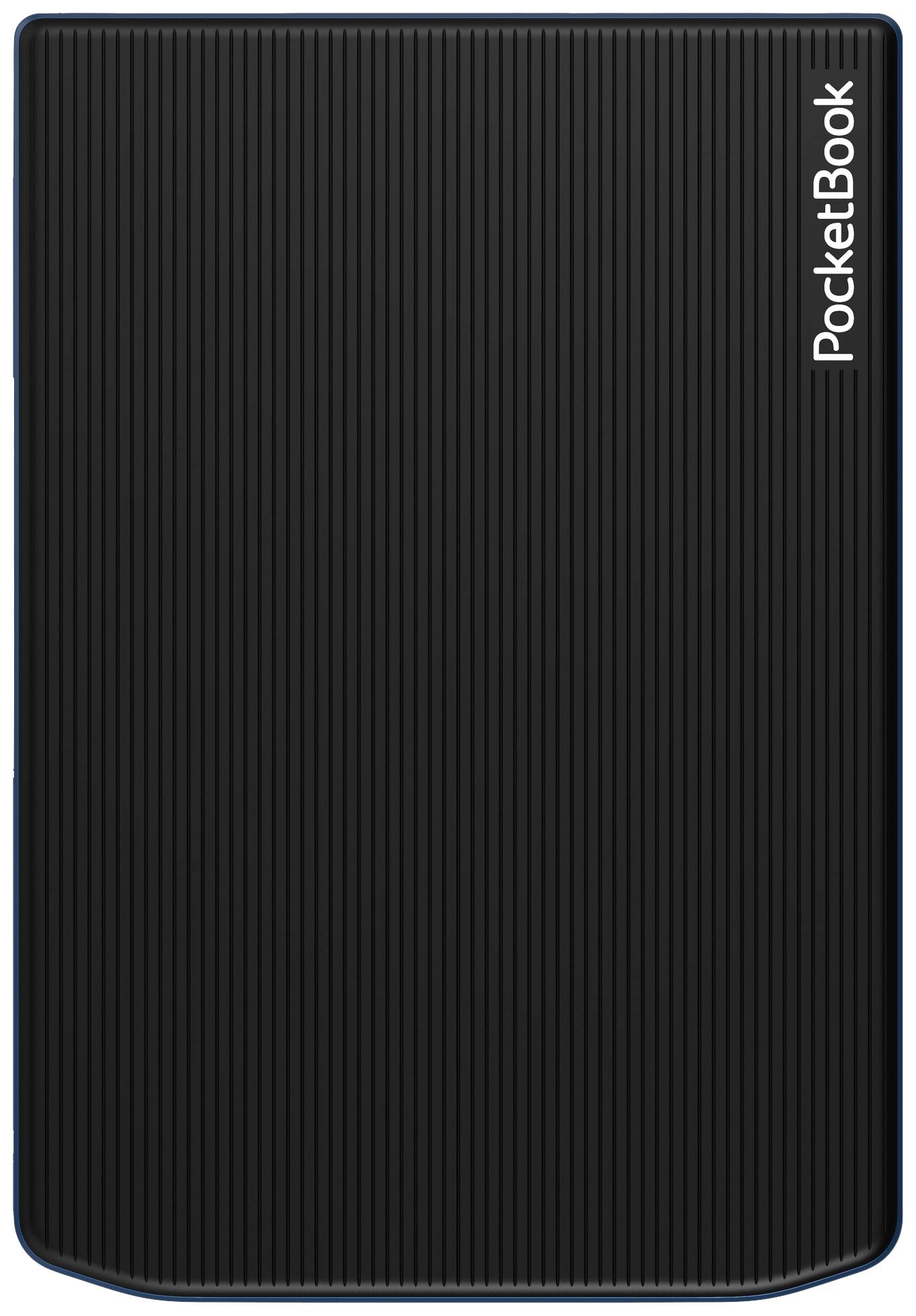 A black, sleek e-reader with vertical stripes and the inscription 'PocketBook' on the right side.