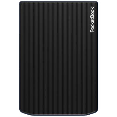 A black, sleek e-reader with vertical stripes and the inscription 'PocketBook' on the right side.