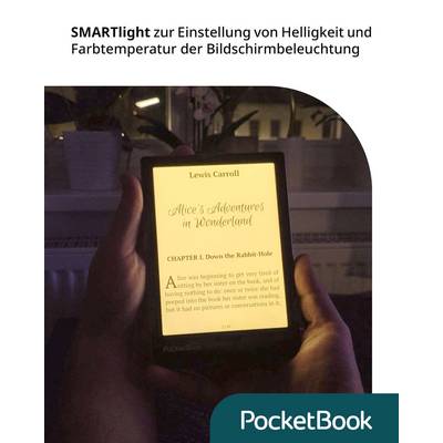 A person is holding an e-reader displaying 'Alice's Adventures in Wonderland' on the screen. Text at the top reads: 'SMARTlight for adjusting brightness'.
