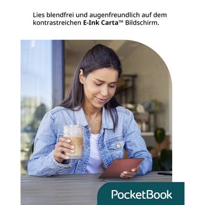 A woman is reading on an e-reader while drinking coffee. Text highlights the advantages of the E-Ink Carta screen.