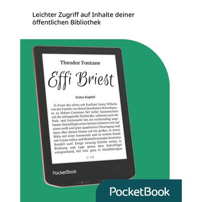 'E-reader displays page from Theodor Fontane's novel "Effi Briest". Advertisement for easy access to library content.'