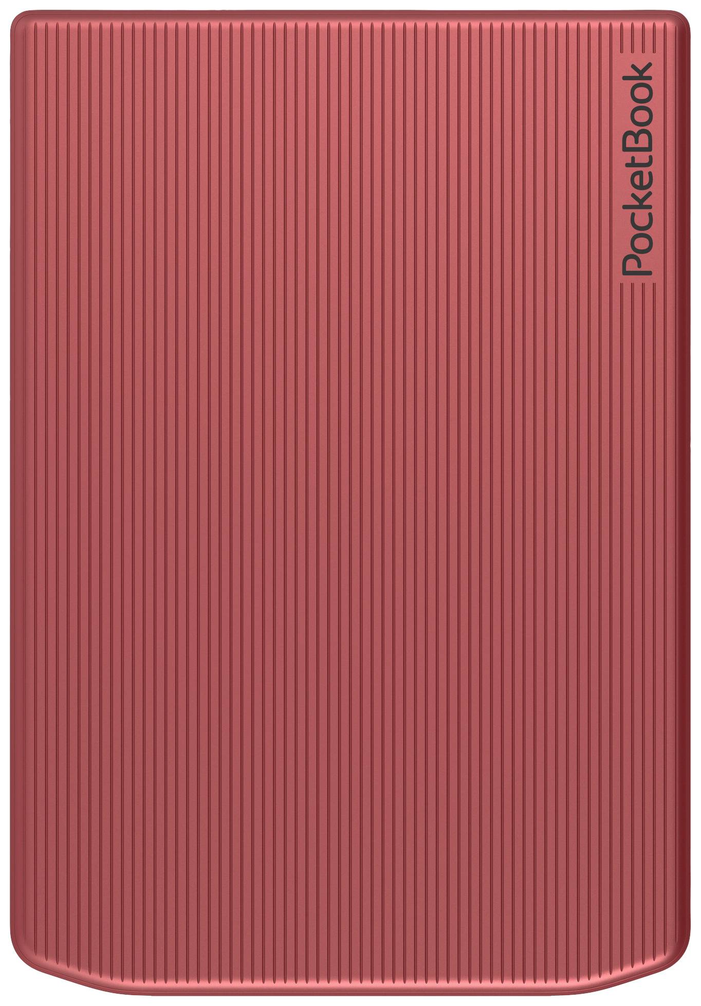 A red, ribbed protective cover for a PocketBook device, slim and rectangular, with a vertical striped pattern.
