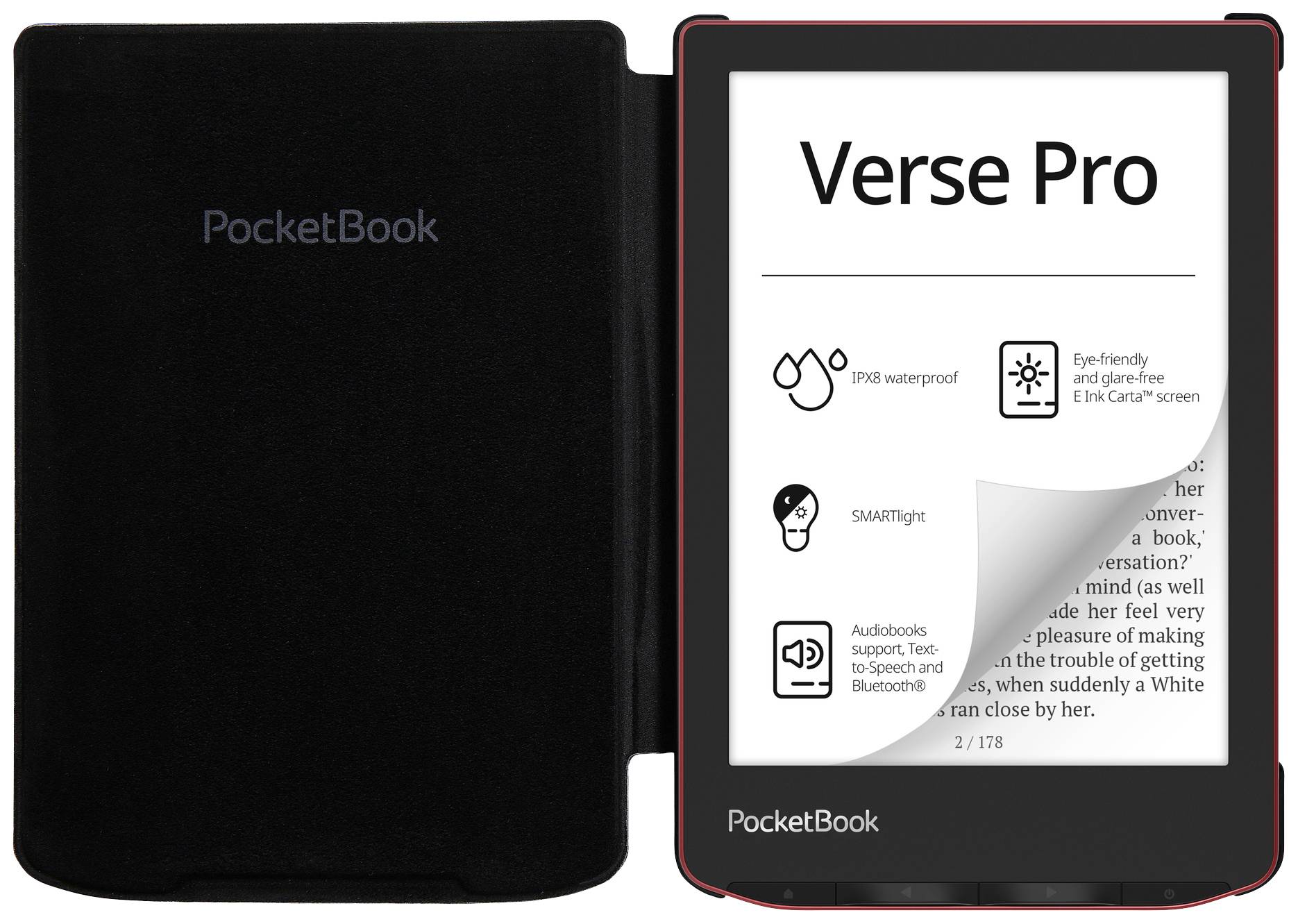 E-Reader 'PocketBook Verse Pro' with open screen. Display shows symbols and text with features such as waterproof and E-Ink screen.