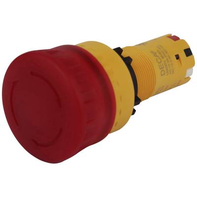 Red emergency stop button with yellow base, used for quickly interrupting electrical circuits in emergency situations.