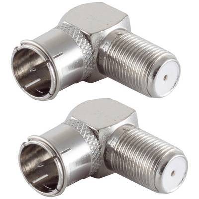 Two metal coaxial cable angle adapters that enable right-angled connections.