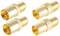 Four gold-coloured coaxial adapters, male, each with a knurled section for better grip. They are used to connect cables.