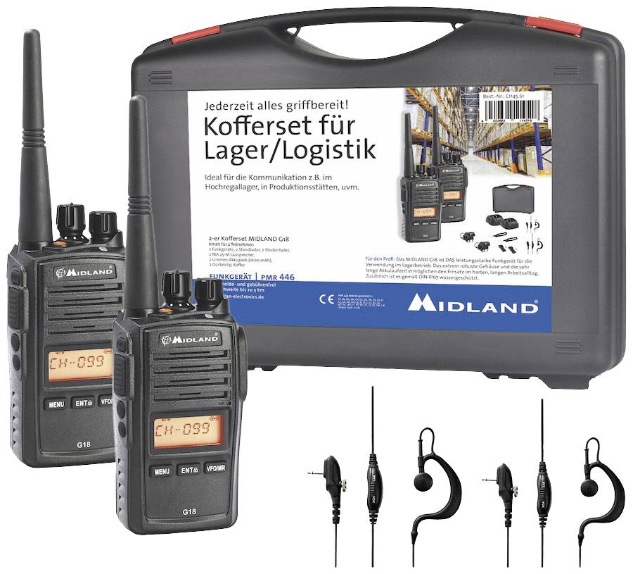 'Radio Device Briefcase for Warehouse/Logistics. Contains two two-way radios and accessories. Suitable for communication over 2 km in production facilities.'