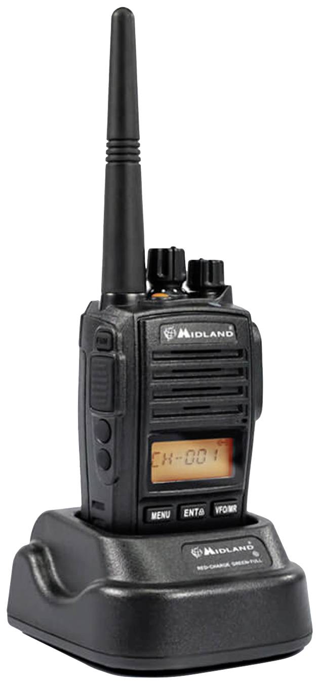 A black radio with an aerial sits on a charging dock. The display reads 'CH-001'. Brand names and control buttons are visible.
