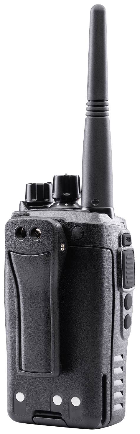 A black handheld radio transceiver with an antenna viewed from the side. It shows rotary dials and buttons for operation.