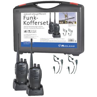 Two-way radio sets with two handheld radios and accessories in front of a carry case. Perfect for events and construction sites.