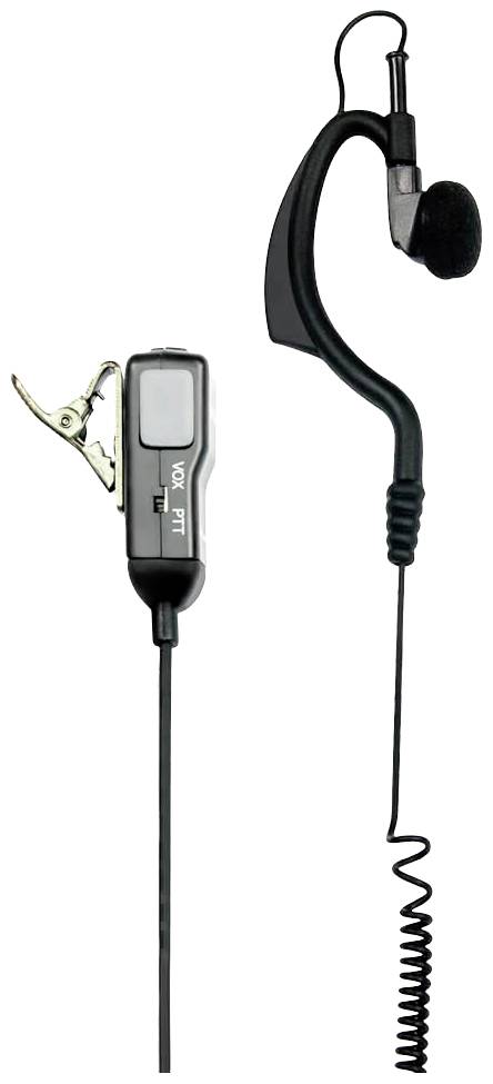 A black, ear-hook style headset with cable and a rectangular clip microphone. Suitable for radio and communication devices.