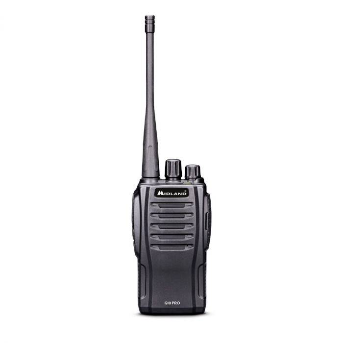 A black handheld radio transceiver with an antenna and two buttons on the top surface, brand name on the front.