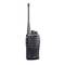 A black walkie-talkie with a long antenna and two rotary knobs for adjustment. It is a portable communication device.