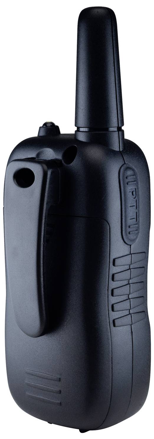 A black radio with a long antenna and back panel. It is switched on and ready for operation.