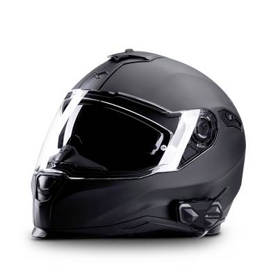 Black motorcycle helmet with integrated communication device on the side. Clear visor, suitable for motorcyclists.